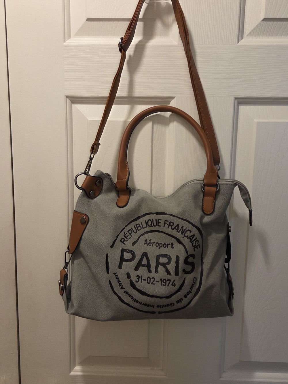 Canvas Paris Tote Bag with Tan Leather Trim